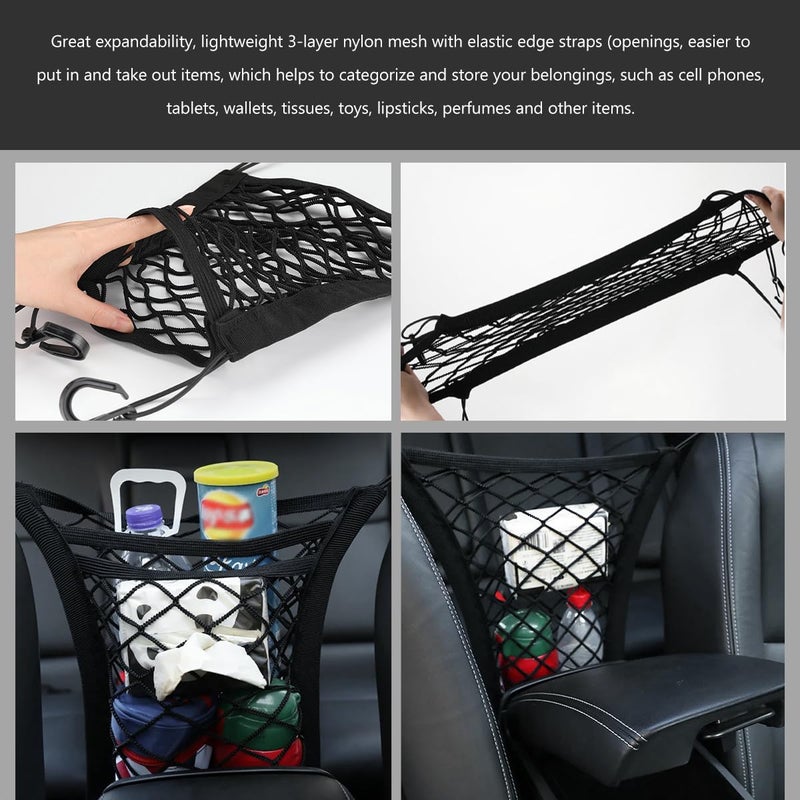 ZNDAW 3-Layer Car Mesh Organizer, Seat Back Net Bag Stretchable Barrier of Backseat Pet Kids, Four-Side Elastic Storage Netting Pouch Cargo Tissue Purse Holder Between Front Seats - Image 5