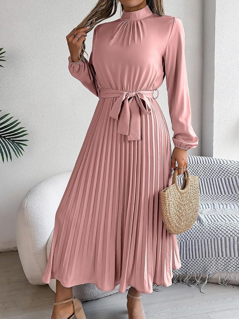 Women's Casual Mock Neck Tie Waist Long Sleeve Pleated Midi Dress - Pink - Image 2