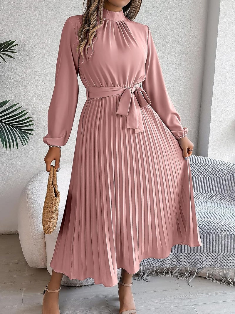 Women's Casual Mock Neck Tie Waist Long Sleeve Pleated Midi Dress - Pink - Image 1
