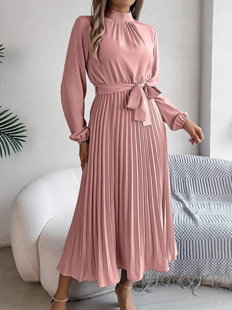 Women's Casual Mock Neck Tie Waist Long Sleeve Pleated Midi Dress - Pink - Image 4