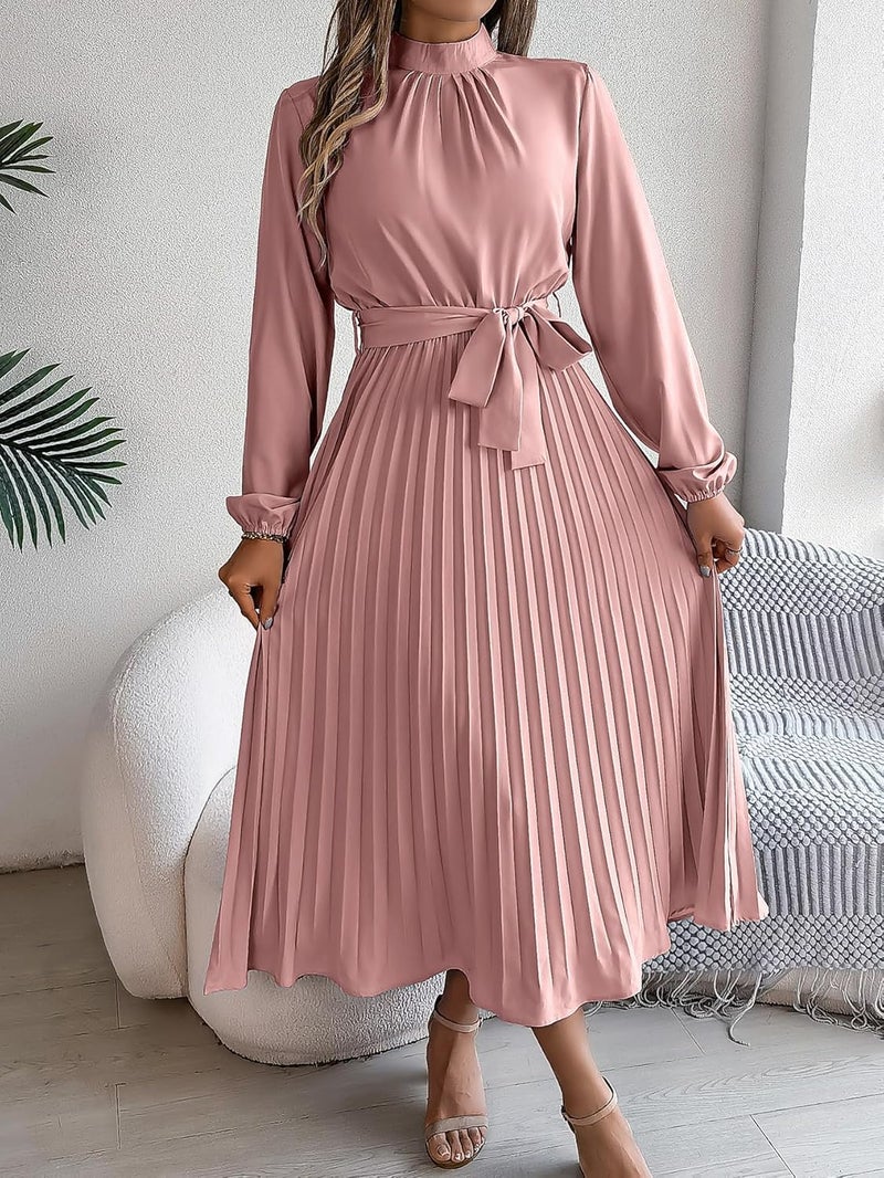 Women's Casual Mock Neck Tie Waist Long Sleeve Pleated Midi Dress - Pink - Image 3