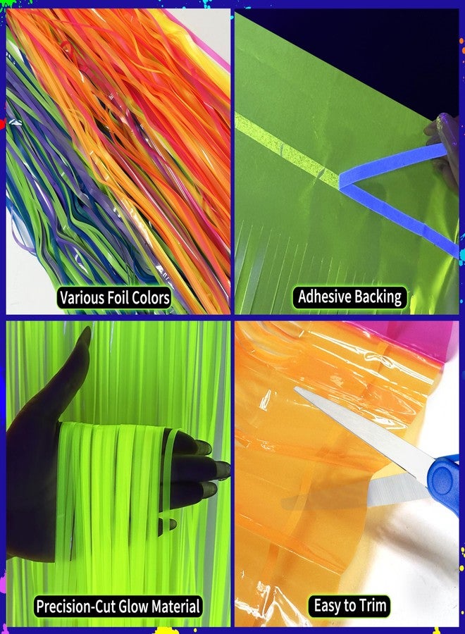 Fayoo Glow in The Dark Tinsel Fringe Table Skirt - 2 Pack Neon Foil Party Decor, 31.5"x118" UV Reactive Fringe Skirt for Rave, Wedding, Birthday Backdrop - 6 Vibrant Colors - Image 3