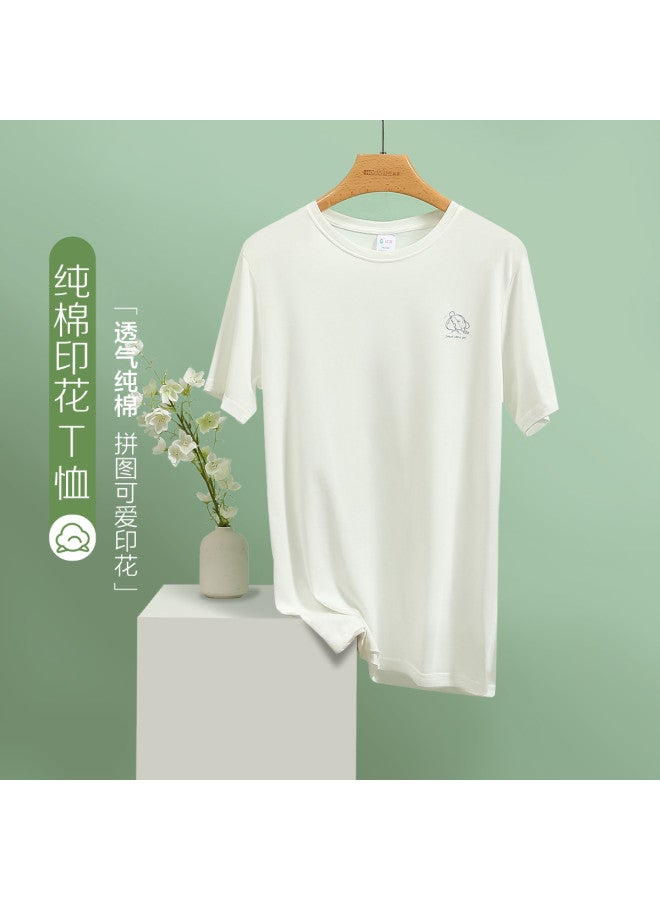 Red Bean تي شيرت قصير الأكمام من القطن الخالص للنساء، قمة صيفية بلون موحد، تي شيرت دائري العنق قابل للتنفس للتنسيق - Image 3