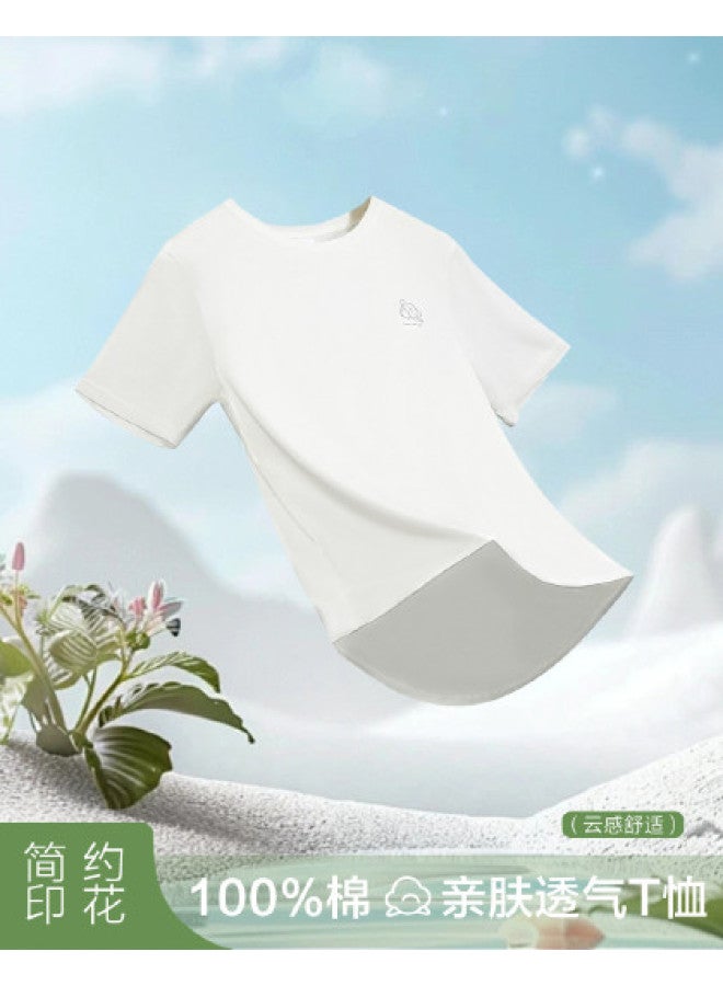 Red Bean تي شيرت قصير الأكمام من القطن الخالص للنساء، قمة صيفية بلون موحد، تي شيرت دائري العنق قابل للتنفس للتنسيق - Image 1