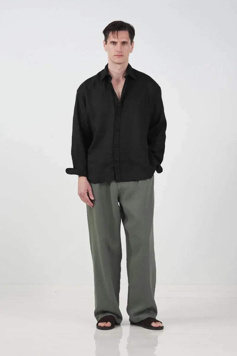 Giesto Black GIESTO Oversized Button-Up Linen Shirt for Men | Best Price UAE
