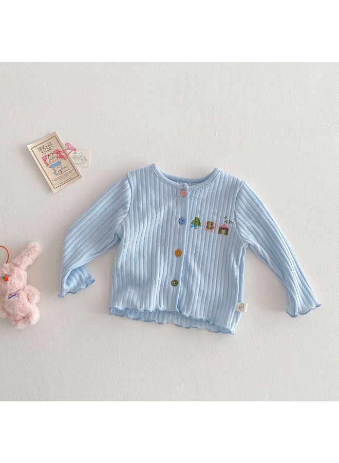 Girls' Stylish Button-up Cardigan With Small Left And Right Buttons, Spring Baby Korean Style Cartoon Ribbed Jacket, Children's Spring Top
