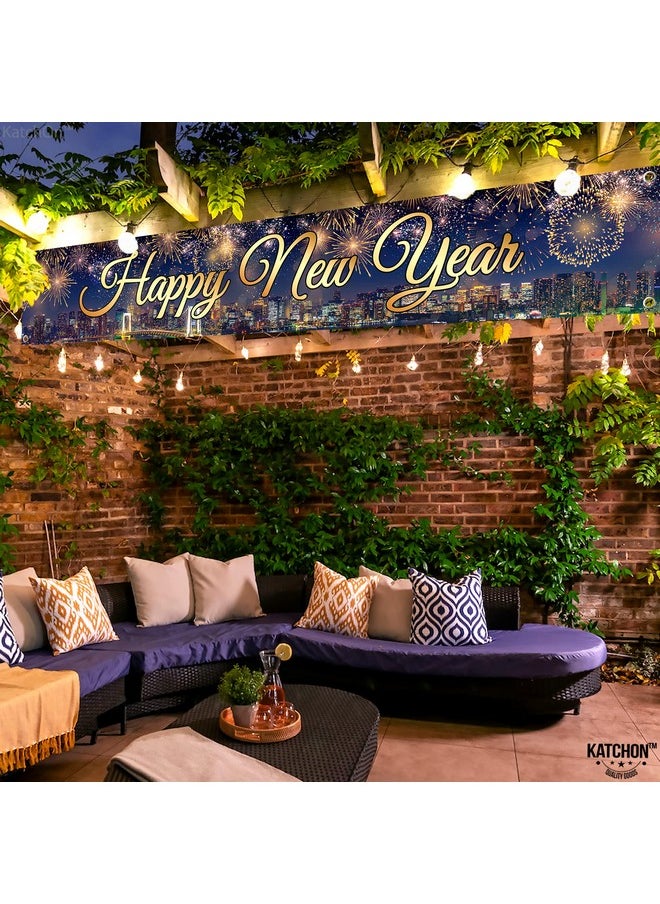 KATCHON Xtralarge Happy New Year Banner 2024120X20 Inch Happy New Year Yard Sign ; New Years Eve Party Supplies 2024 ; Blue And Gold Happy New Year Yard Banner For Happy New Year Decorations 2024  - Image 4