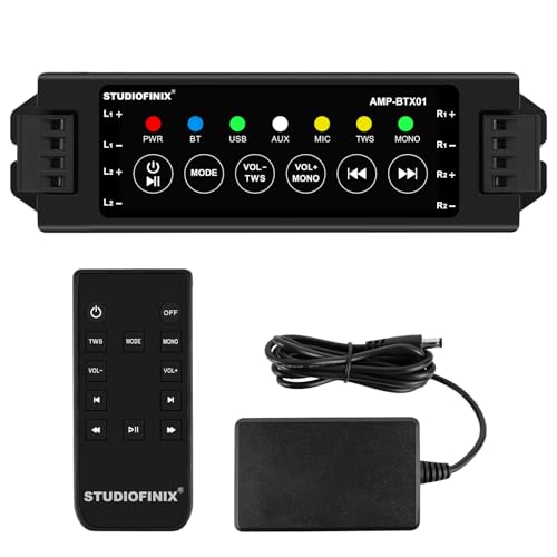 STUDIOFINIX 4-Channel Wall Mount Amplifier, 19V3A, Power-Off Memory & Infrared Remote Control with Bluetooth 5.0, USB/MIC/AUX/TWS, for Home/Garage/Ceiling Speakers - Image 1