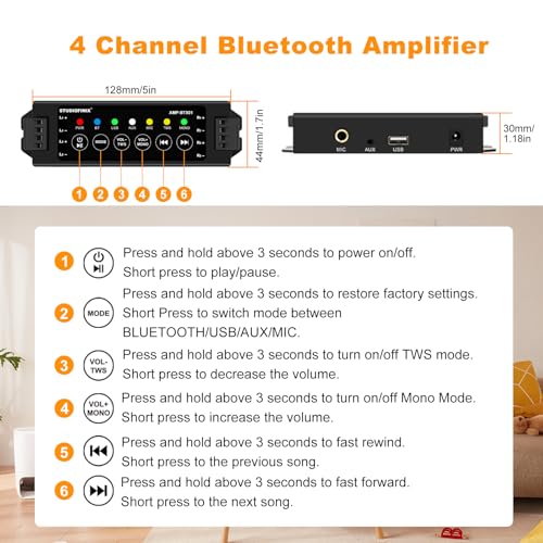 STUDIOFINIX 4-Channel Wall Mount Amplifier, 19V3A, Power-Off Memory & Infrared Remote Control with Bluetooth 5.0, USB/MIC/AUX/TWS, for Home/Garage/Ceiling Speakers - Image 5