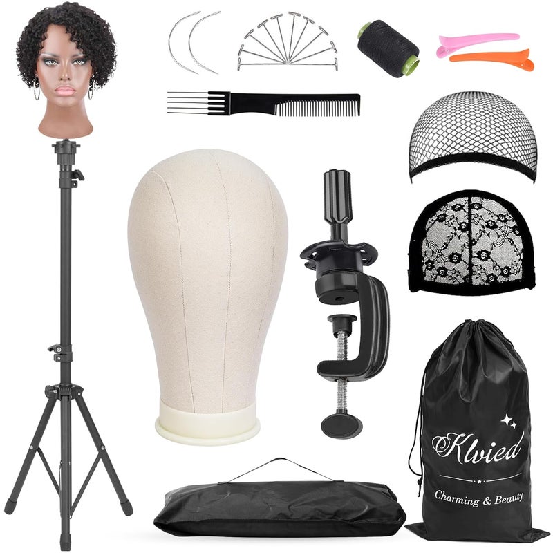 Klvied Reinforced Wig Mannequin Stand with Head Dualuse 22 Inch Canvas Wig Head Display Adjustable Clamp Wig Holder Manikin Head Set for Cosmetology Hairdressing Training with Carrying Storage Bag