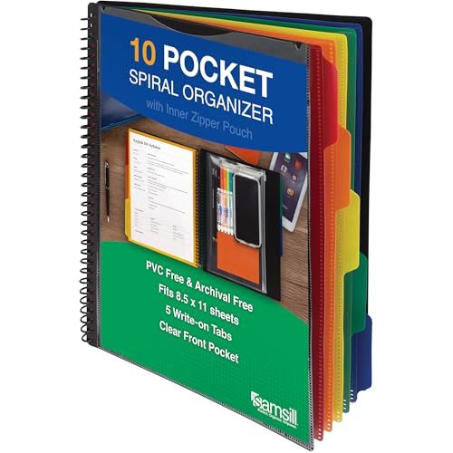 Samsill 10 Pocket Poly Organizer with 5 Dividers,File Folders Letter Size,Customizable Front Cover,Inner Zipper Pouch,Erasable Write-On Tabs in Assorted Colors,Plastic Folder with Pockets - Image 1