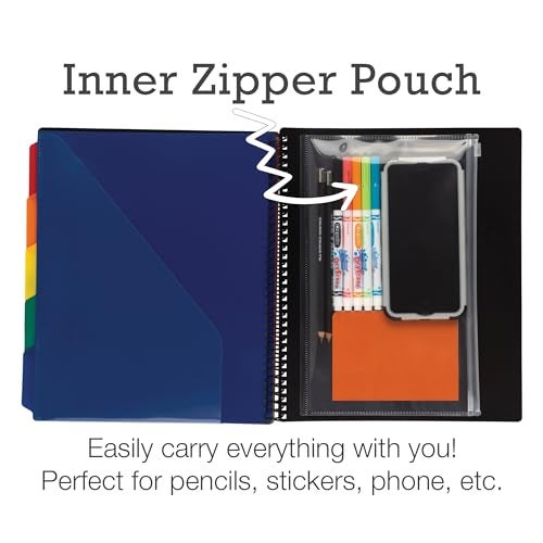 Samsill 10 Pocket Poly Organizer with 5 Dividers,File Folders Letter Size,Customizable Front Cover,Inner Zipper Pouch,Erasable Write-On Tabs in Assorted Colors,Plastic Folder with Pockets - Image 5