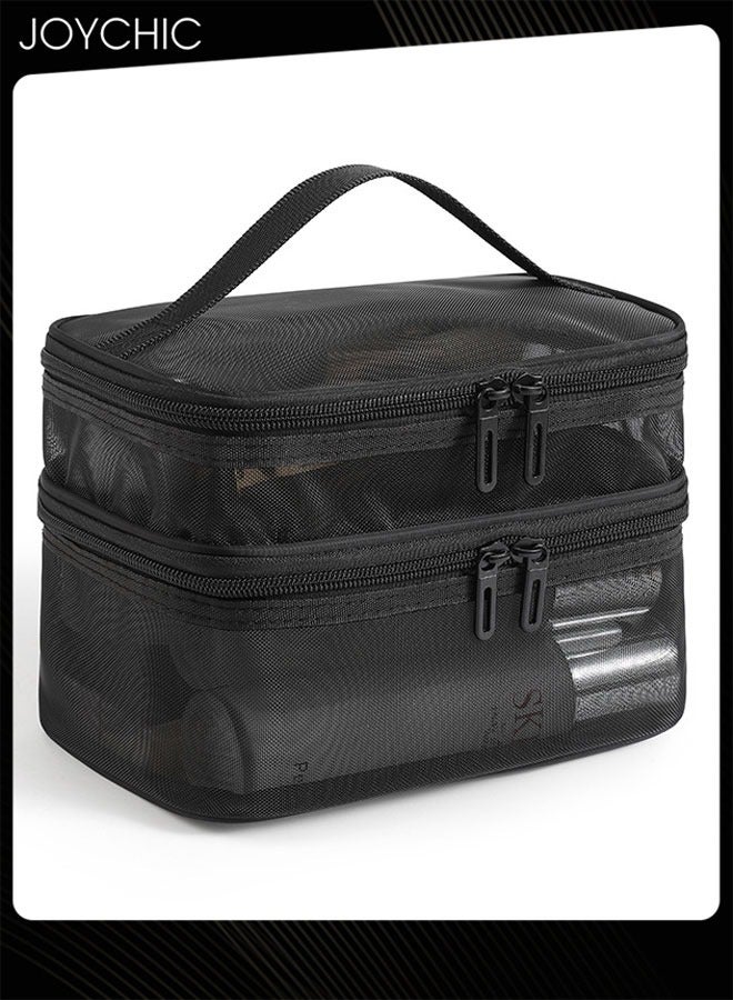 Joychic حقيبة مكياج سفر بطبقتين، حقيبة تجميل شبكية، حقيبة أدوات تجميل كبيرة للنساء، منظم حقيبة مكياج مع مقبض - Image 1