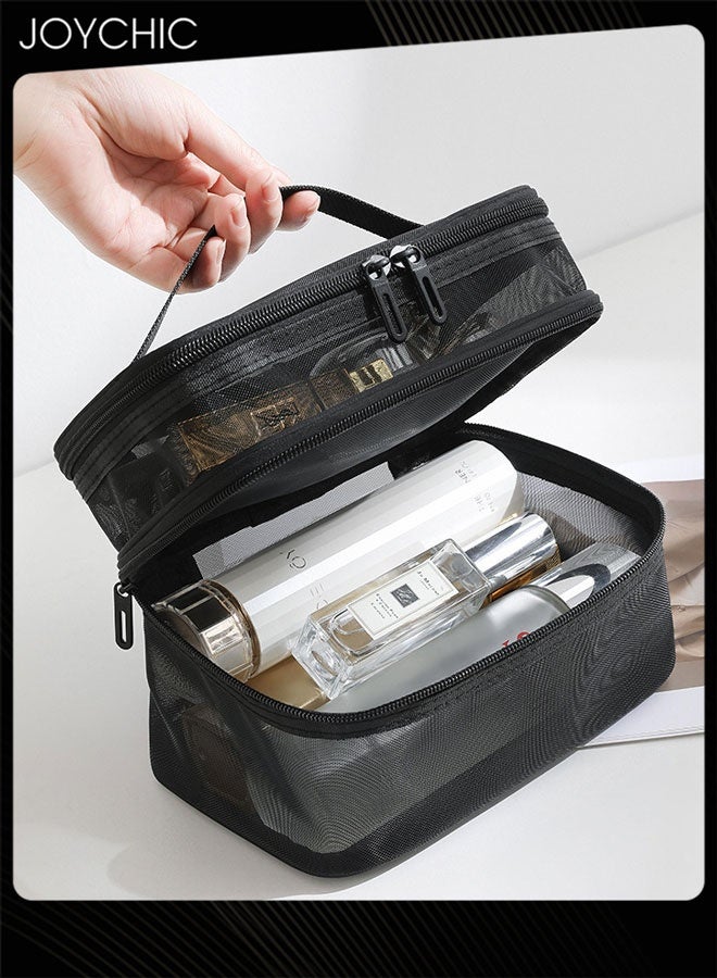 Joychic حقيبة مكياج سفر بطبقتين، حقيبة تجميل شبكية، حقيبة أدوات تجميل كبيرة للنساء، منظم حقيبة مكياج مع مقبض - Image 3