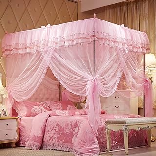 Uozzi Bedding 4 Corners Post Pink Canopy Bed Curtain for Girls & Adults - Cute Cozy Drape Square Netting for Twin Bed - - Image 1
