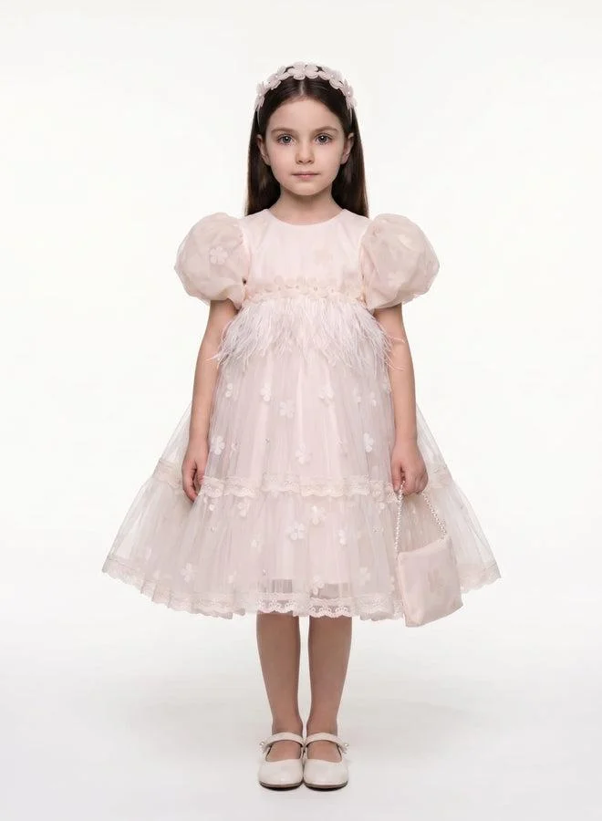فيا بامبينو Blush Feather-Waist Floral Tulle Dress 2028