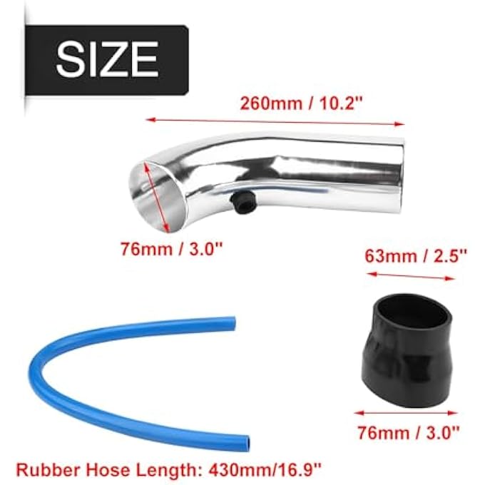 equlup Cold Air Intake Pipe Kit, 76 mm/3 Inch Universal Car Cold Air Intake Pipe Hose Kit, Car Filter System Parts for Car Replacement (Silver) - Image 2