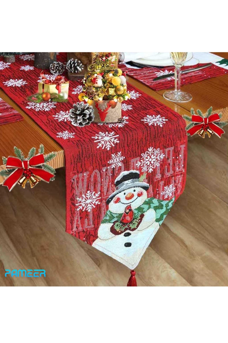 بامير مفرش طاولة على شكل رجل ثلج لعيد الميلاد، مقاس 13×70 بوصة، مفارش طاولة بيضاء وحمراء على شكل ندفة ثلجية، مناسب للاستخدام الداخلي أو الخارجي، طاولة طعام، ديكورات حفلات أعياد الميلاد في المزرعة، ديكور طاولة عيد الميلاد في الشتاء - Image 1