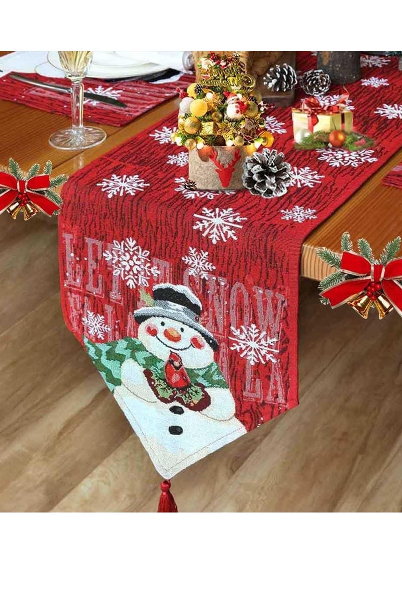 بامير مفرش طاولة على شكل رجل ثلج لعيد الميلاد، مقاس 13×70 بوصة، مفارش طاولة بيضاء وحمراء على شكل ندفة ثلجية، مناسب للاستخدام الداخلي أو الخارجي، طاولة طعام، ديكورات حفلات أعياد الميلاد في المزرعة، ديكور طاولة عيد الميلاد في الشتاء - Image 5