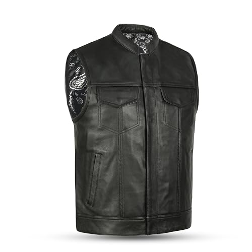 Leatherick Mens Black Motorcycle Vests SOA Club Traditional Paisley Satin Liner Leather Biker Vests US Alpha XLarge Regular Regular White Paisley With Black Stitching - Image 1
