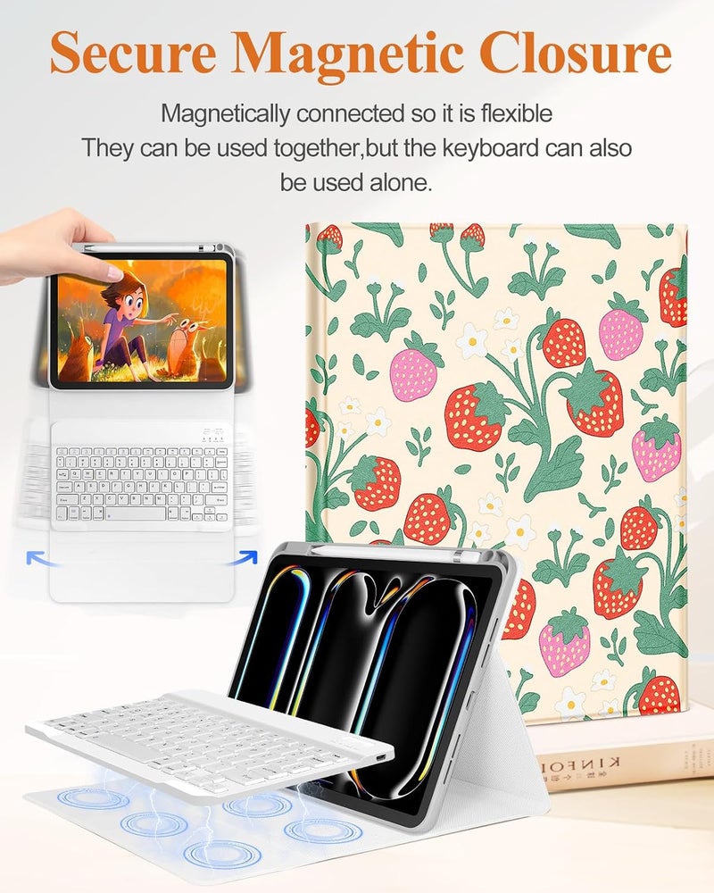 Wazzasoft for iPad Pro 11 inch Case 2024 M4 with Keyboard - Pencil Holder Folio Tablet Cover Women Girl Cute Kawaii Strawberry Unique Design for Apple Pro 11 A2925 A2926 A3007 - Image 4