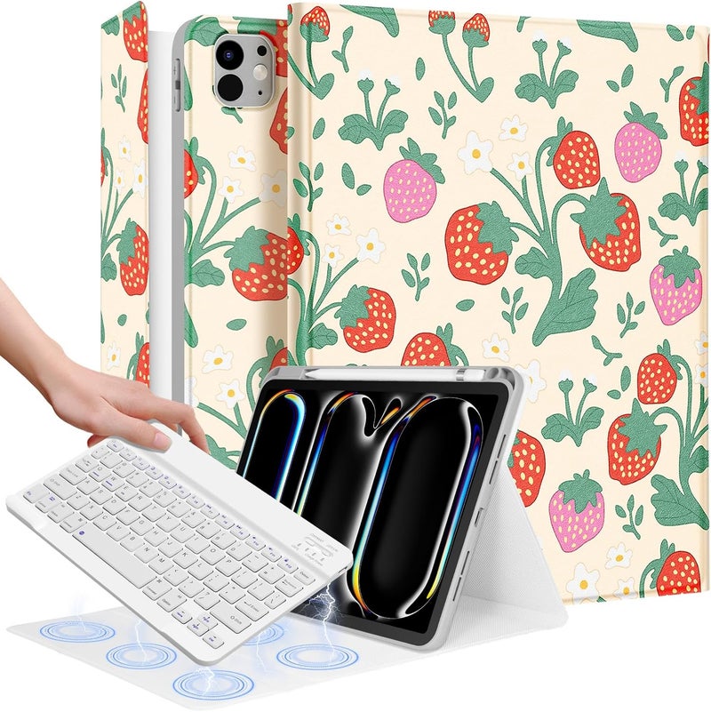 Wazzasoft for iPad Pro 11 inch Case 2024 M4 with Keyboard - Pencil Holder Folio Tablet Cover Women Girl Cute Kawaii Strawberry Unique Design for Apple Pro 11 A2925 A2926 A3007 - Image 1