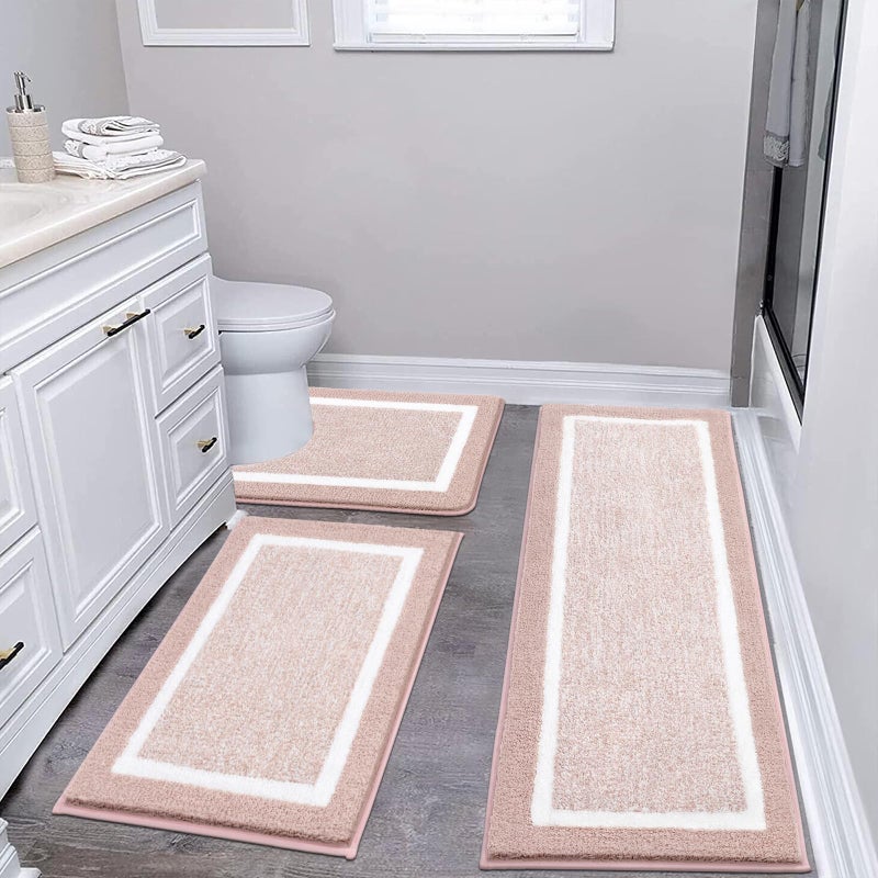 Pauwer 3Piece Bathroom Shower Rug Set with UShaped Contour Toilet Mat Absorbent Microfiber Plush Bath Mats NonSlip Machine Washable Shaggy Bathroom Floor Mats Dusty Pink