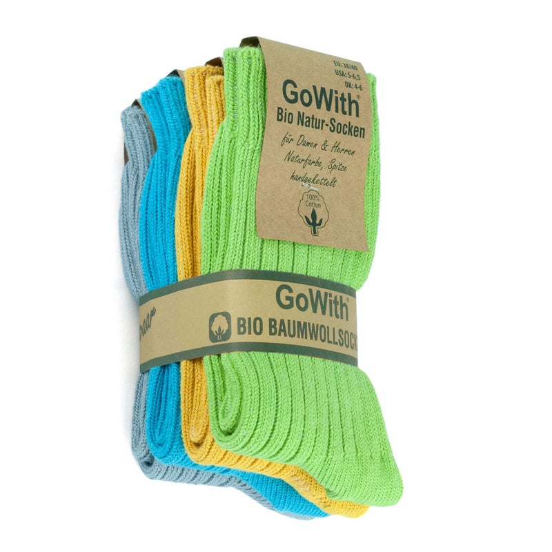 GoWith 4 Pairs Unisex Natural 97% Cotton Crew Socks, Comfy Cozy Breathable Seamless Casual Socks for Men & Women, Multicolor-1, X-Small, Model 3014 - Image 1
