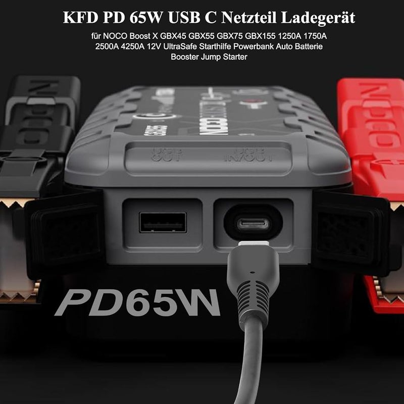 KFD Power Supply 65W USB-C Charger Charging Cable for NOCO Boost X GBX45 GBX55 GBX75 GBX155 1250A 1750A 2500A 4250A 12V UltraSafe Jump Starter Power Bank Car Battery Booster Jump Starter Charger Power - Image 5