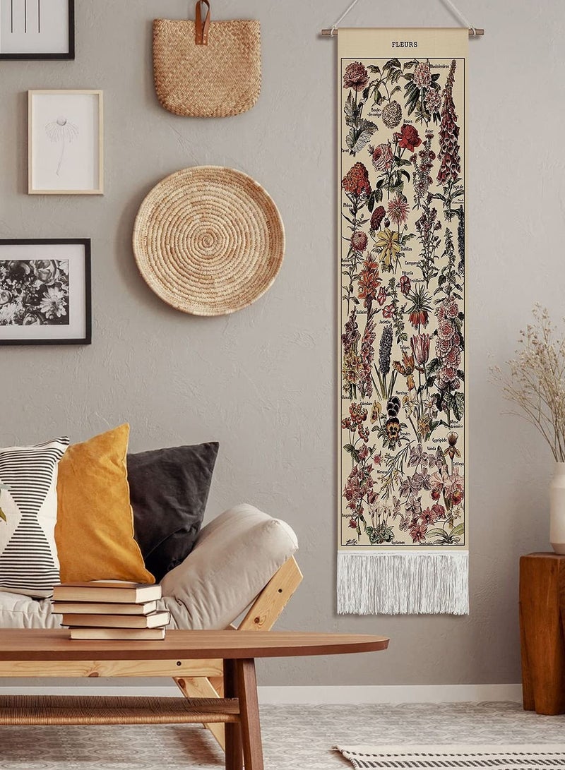 SYOSI Vintage Flower Tapestry 52 x 13in, Long Tapestry Vertical Wall Hanging Reference Illustrative Botanical Tassel Tapestry - Image 4