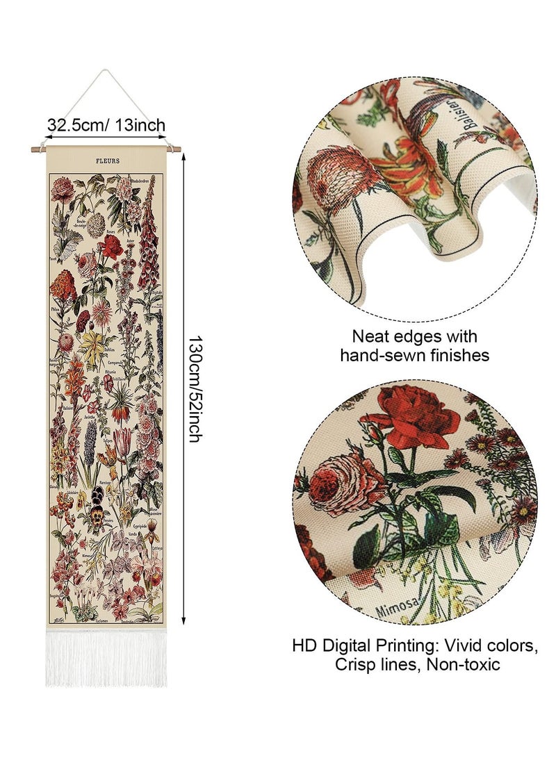 SYOSI Vintage Flower Tapestry 52 x 13in, Long Tapestry Vertical Wall Hanging Reference Illustrative Botanical Tassel Tapestry - Image 3