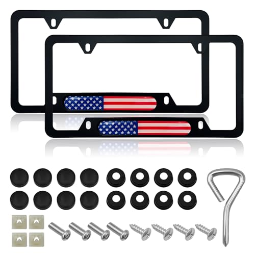 Gasedin 2 PCS Flag License Plate Frame American Flag Patriotic Stainless Steel Auto Plate Cover Vintage US RustProof Vehicle License Plate Holder Universal Car Accessories BlackColorful - Image 1