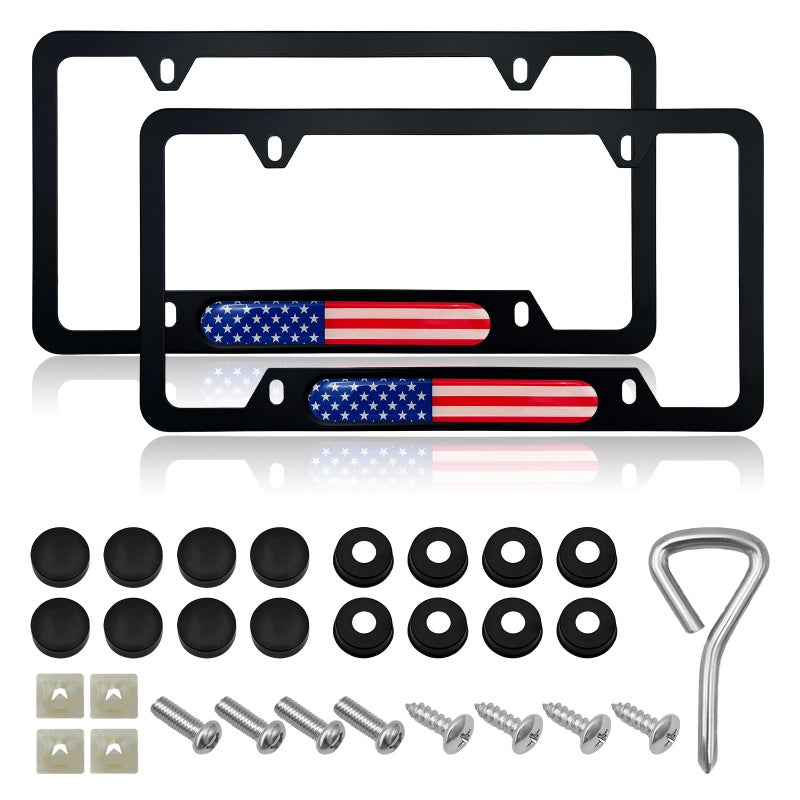 Gasedin 2 PCS Flag License Plate Frame American Flag Patriotic Stainless Steel Auto Plate Cover Vintage US RustProof Vehicle License Plate Holder Universal Car Accessories BlackColorful - Image 3
