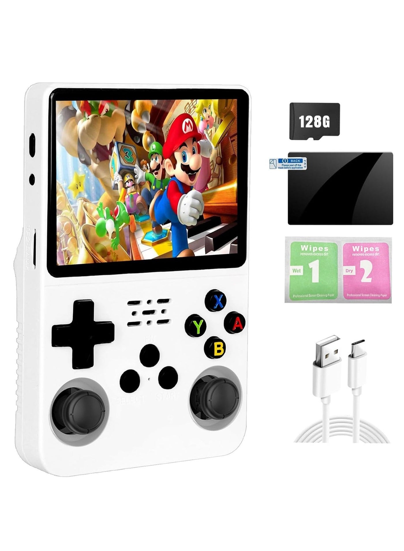 R36S Handheld Retro Gaming Console Linux System with 128G TF Card, Preloaded with 15000+ Games, Retro Video Game Console 3.5-inch IPS Screen (White 128G)