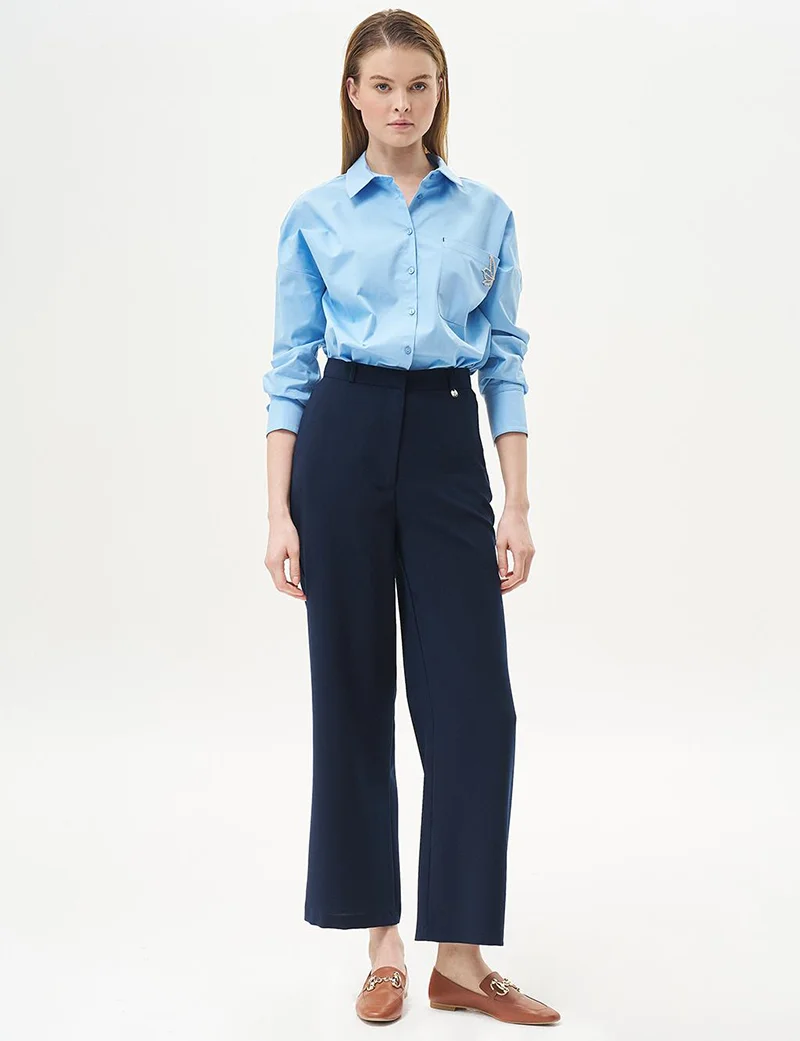 Kayra Basic Wide-Leg Crepe Pants Navy Blue