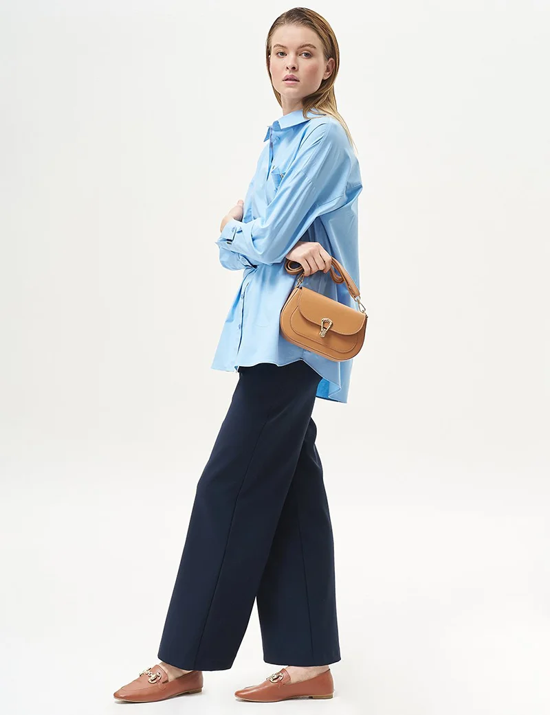 Kayra Basic Wide-Leg Crepe Pants Navy Blue