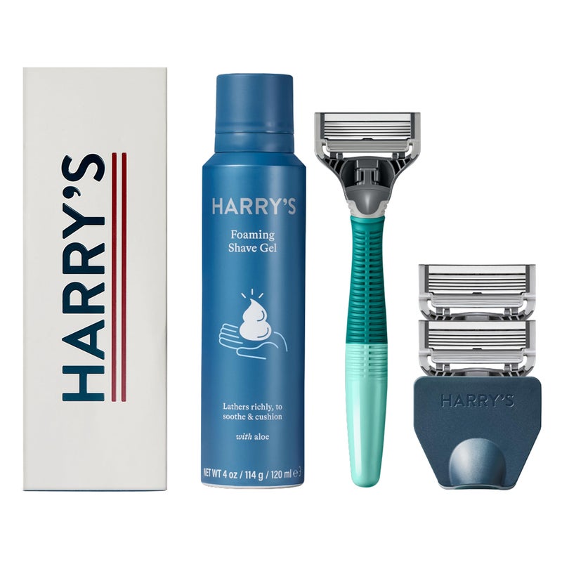Harry's Shaving Kit for Men - Razor Handle, 3 Razor Blade Refills, Foaming Shave Gel, and Travel Blade Cover - Sage