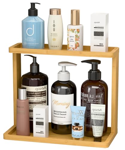 PEKER Bamboo Bathroom Organizer Countertop Small Vanity Storage Shelf for Makeup Perfume Skincare Natural Cosmetics Display Rack for Dresser Sink Kitchen Natural - Image 1