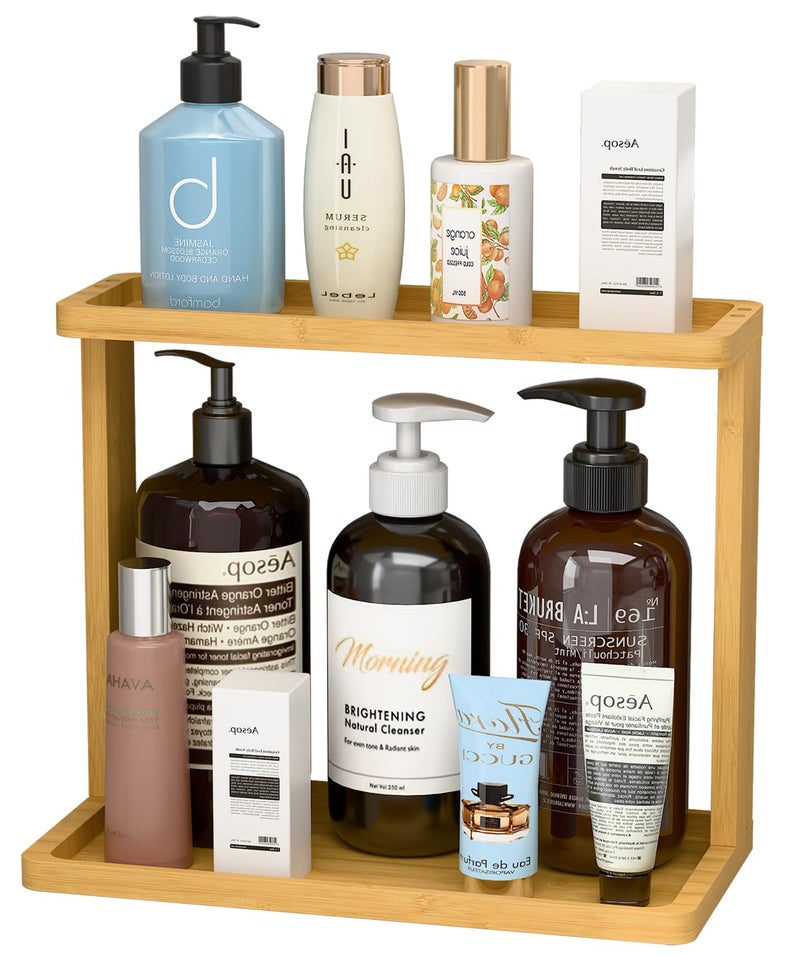 PEKER Bamboo Bathroom Organizer Countertop Small Vanity Storage Shelf for Makeup Perfume Skincare Natural Cosmetics Display Rack for Dresser Sink Kitchen Natural - Image 2