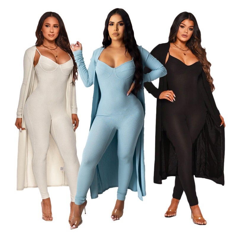 9343 Europe and America Cross-border Amazon Solid Color Sling Jacket Jumpsuit Womens Two-piece Set Light blue  - Image 4
