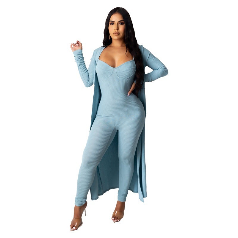 9343 Europe and America Cross-border Amazon Solid Color Sling Jacket Jumpsuit Womens Two-piece Set Light blue  - Image 1