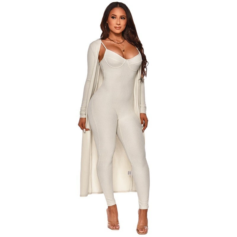 9343 Europe and America Cross-border Amazon Solid Color Sling Jacket Jumpsuit Womens Two-piece Set Light blue  - Image 2