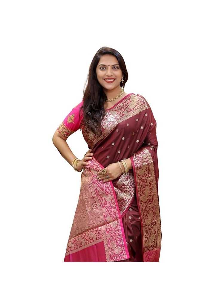 Accessorize Kingdom - Accessorize Kingdom Women's Banarasi Saree Soft new ladies 2024 Design Wear Pattu Sarees Latest Cotton Party Sari collections With Blouse Piece for Wedding saree - Image 1