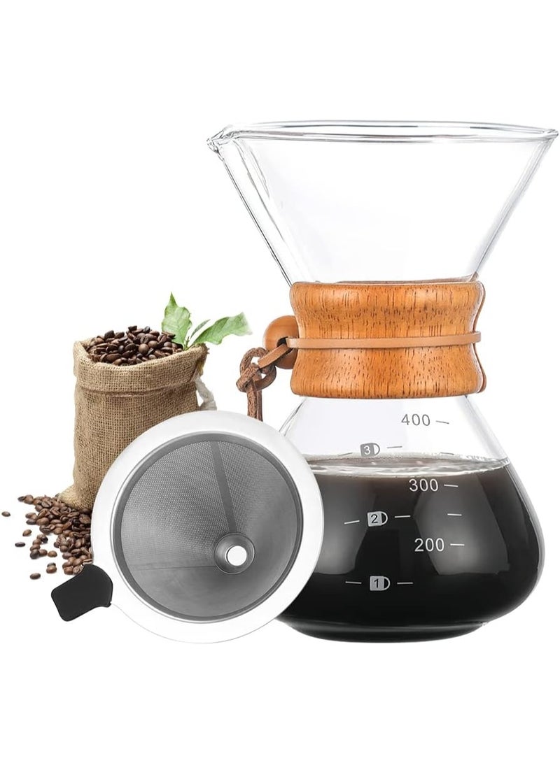 V60 Pour Over Coffee Maker Set 400ml with Reusable Stainless Steel Dripper Filter & Elegant Glass Carafe, Ideal for Specialty Coffee Lovers at Home or Office - Image 1