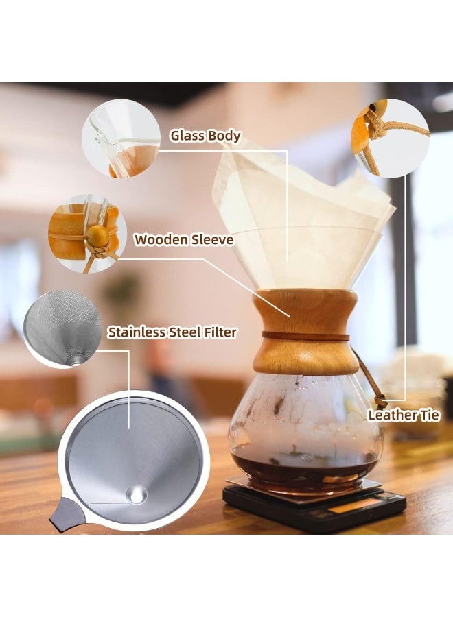 V60 Pour Over Coffee Maker Set 400ml with Reusable Stainless Steel Dripper Filter & Elegant Glass Carafe, Ideal for Specialty Coffee Lovers at Home or Office - Image 4