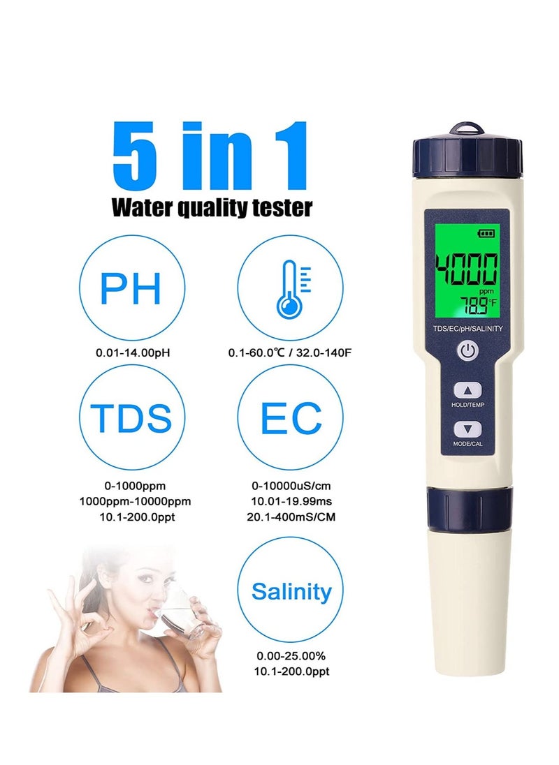 Womdee - 5 in 1 Professional Multi-parameter Combo Testing Meter PH/EC/TDS/Salinity/Thermometer Digital Multi-Function Tester Water Quality Tester - Image 1