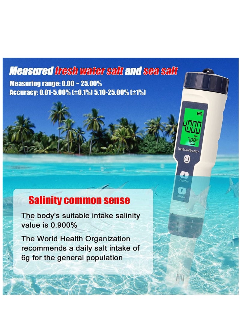 Womdee - 5 in 1 Professional Multi-parameter Combo Testing Meter PH/EC/TDS/Salinity/Thermometer Digital Multi-Function Tester Water Quality Tester - Image 1