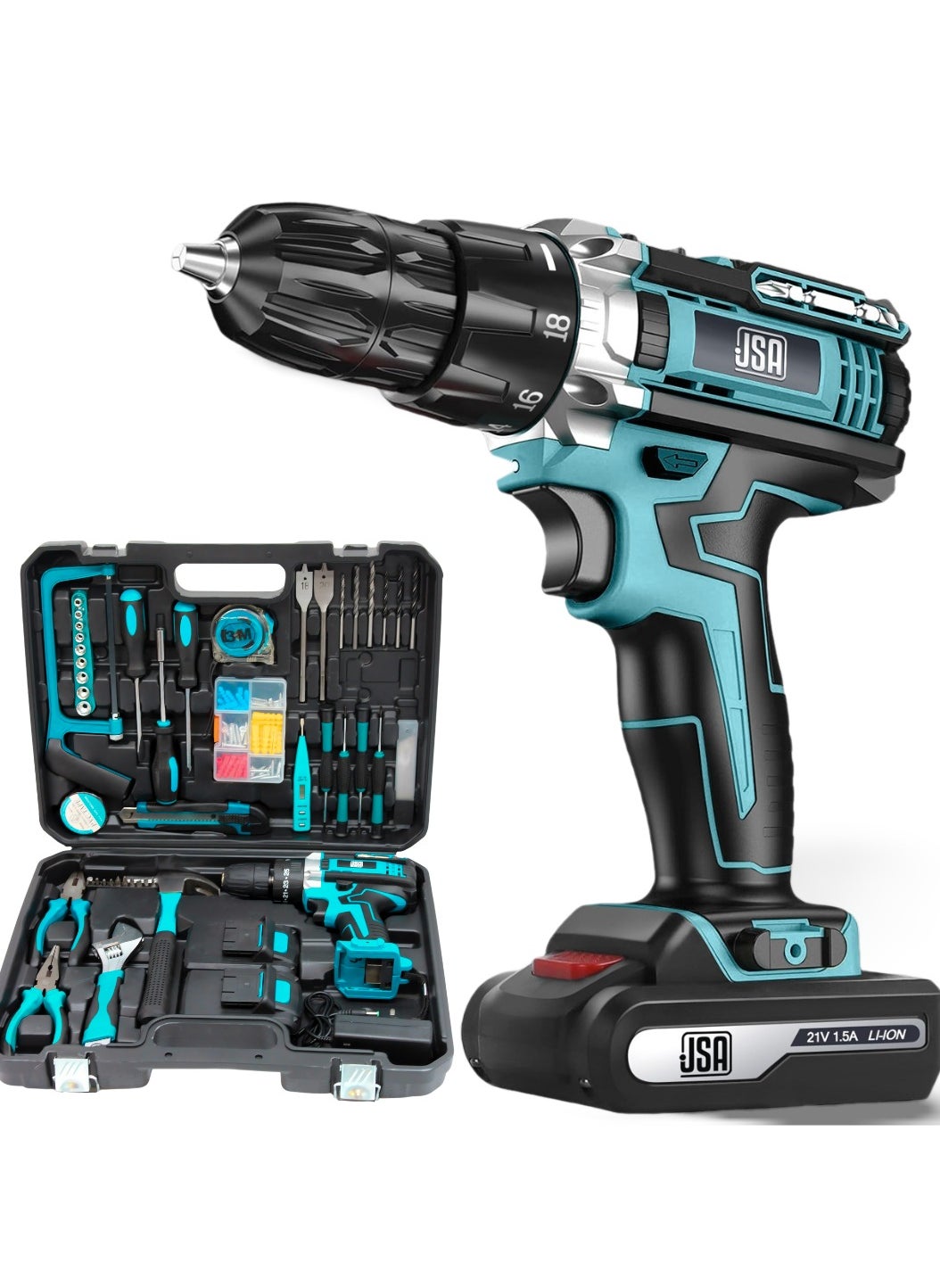 JSA JSA cordless drill kit with a 21V lithium battery and a 10 mm chuck size is a versatile set ideal for household and maintenance tasks. 