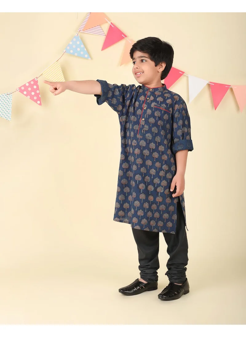 فاب انديا Indigo Cotton Bagru Printed Long Kurta