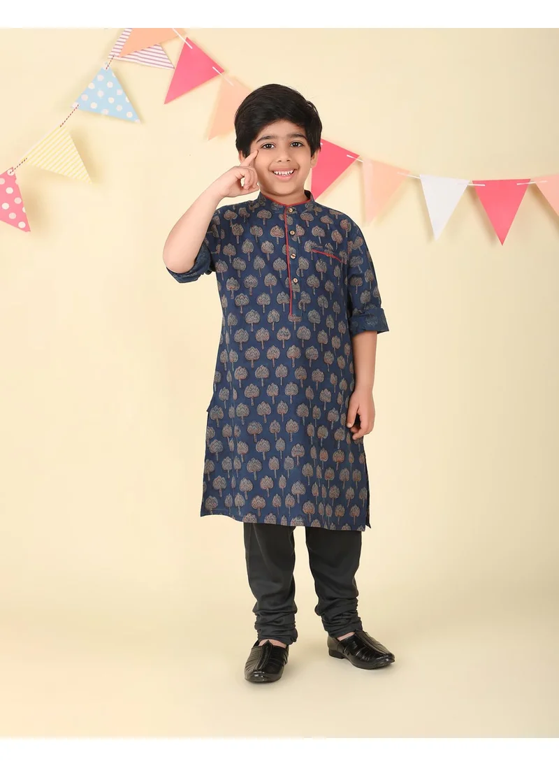 فاب انديا Indigo Cotton Bagru Printed Long Kurta
